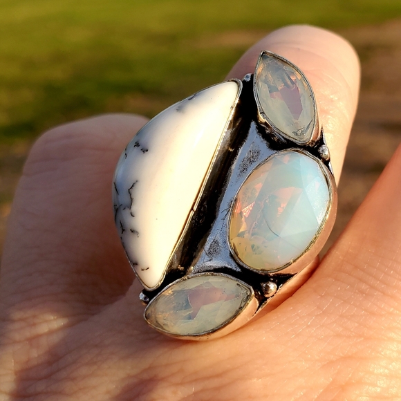 New Dendritic Opal and Milky Fire Opal 925 Silver Ring. - Picture 5 of 16